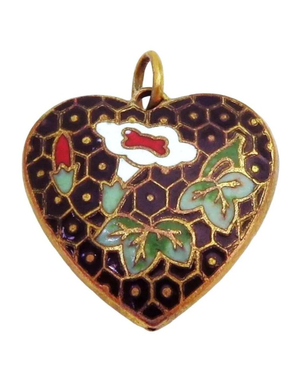 Vintage Cloisonné Enamel Heart Pendant with Flowers and Leaves